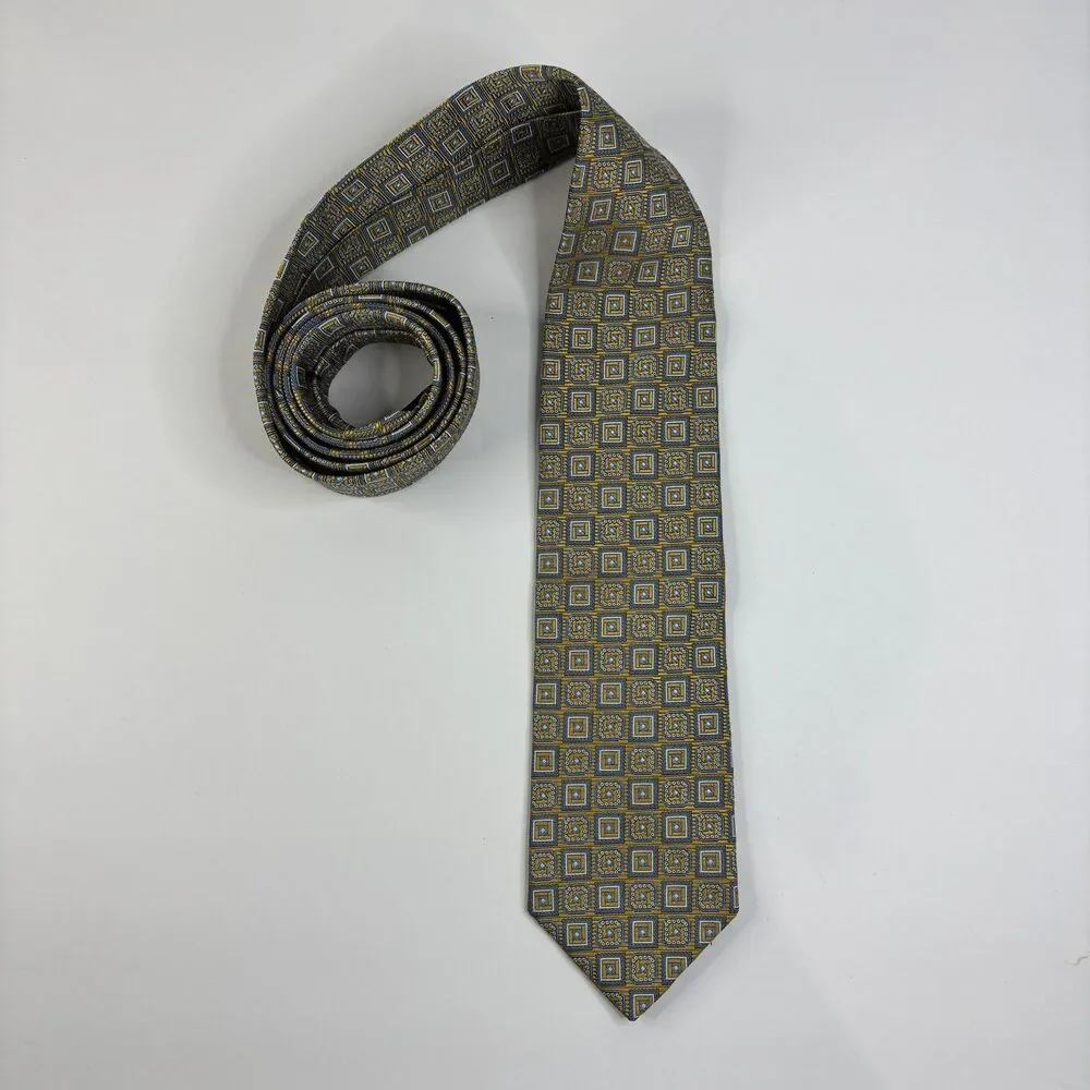 Brooks Brothers Silk Tie yellow blue, Makers And Merchants, geometric, vintage